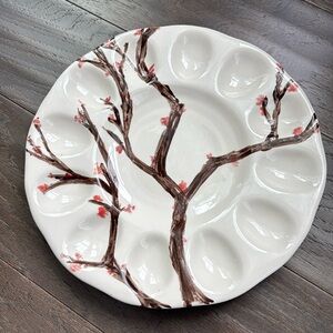 Hand Painted  Deviled Egg Ceramic Plate, tree branch cherry blossom flower buds